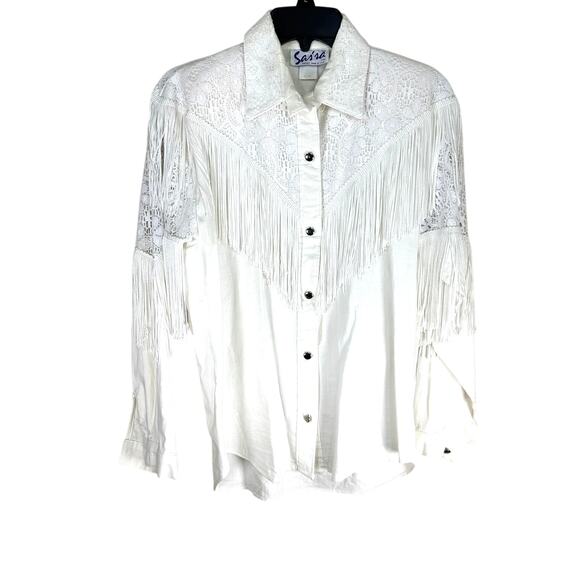 Vintage Western Fringe Lace Shirt Women’s Small White Cowboy Rodeo Blouse - Picture 1 of 6